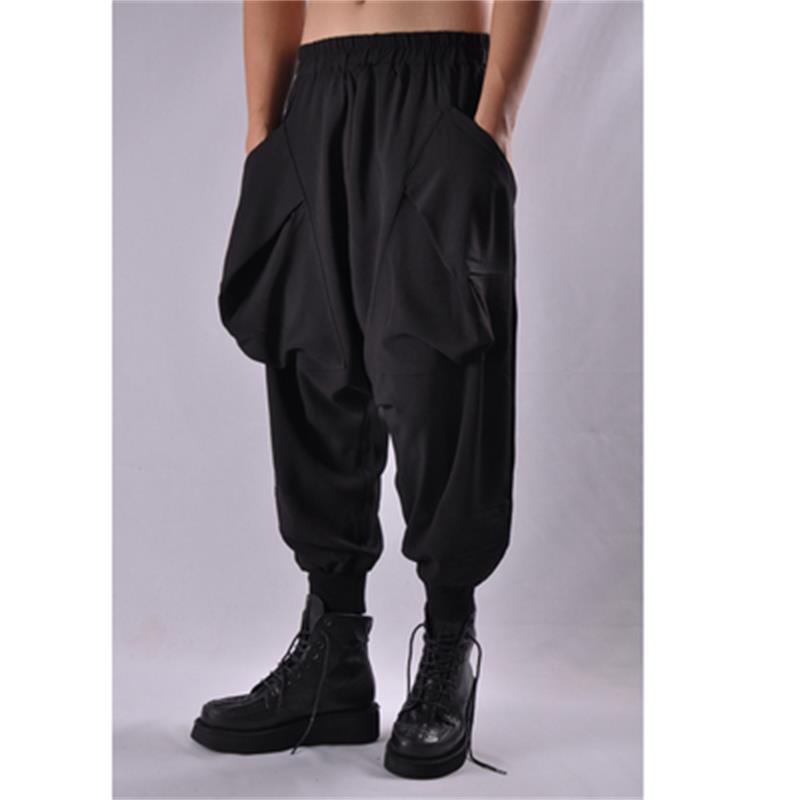 Men&#39;s Low Stop Harlan Pants Fall Solid Color Elastic Waist With Large Pocket Design Hanging Gear Fashionable Nine-Minute Pants