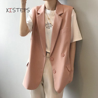 Sleeveless Women Blazer Vest Double Breasted Female Waistcoat Loose Ladies Suit Coats 2021 Oversized Blazer Black Pink Jackets