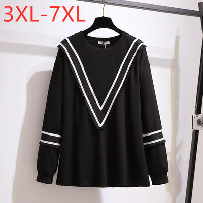 New Ladies Autumn Winter Plus Size Women Clothing Tops Large Long Sleeve Loose Black Stripe Cotton T-shirt 3XL 4XL 5XL 6XL 7XL