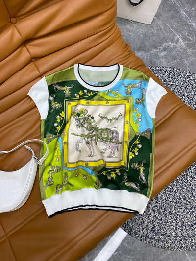 6.5 HIGH END QUALITY Fashion Comfortable Patchwork Knitted Print Silk Loose T-Shirt Women