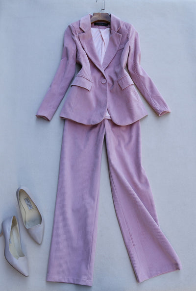 Retro Elegant Office Lady Corduroy Clothing Set High Quality Corduroy Suit Blazer and Wide Leg Pants One Set