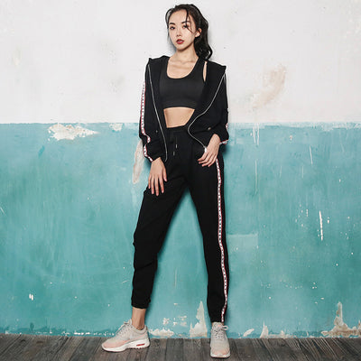 Yoga Suit Women's Three Piece Set Sports Bra Loose Fitness Running Pants Hooded Jacket Three Piece Set