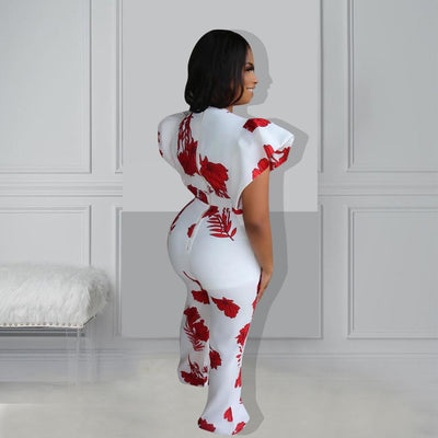 AHVIT Printed Ruffles Sashes Waist Skinny Women Jumpsuits Short Sleeve Deep V Neck Fashion Party Romper OF6290