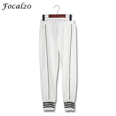 Focal20 Streetwear Letter Print Sporting Women Pants Drawstring Waist Lace Up Loose Full Length Rib Pants Street Trousers