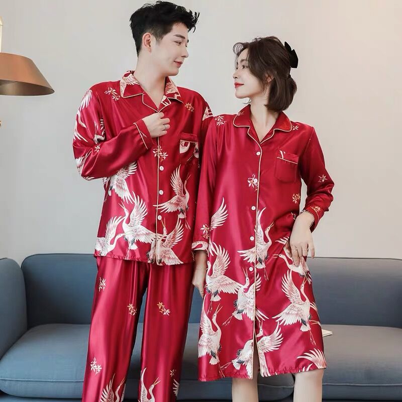 New Luxury  Pajamas Men Birds Pattern Sleepwear Silk Long-sleeved Satin Male Winter Men Lounge Pajamas Set Plus Size 4XL