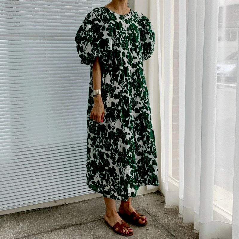 Summer New Robe Femme O Neck Puff Sleeve Dress Women Casual Loose Floral Printed Dresses Female Korean Vintage Vestidos 14280