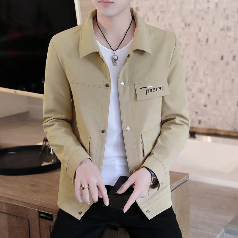Spring Men&#39;s Casual Coat Single Breasted Lapel Solid Color Male Jacket Khaki Blue Green Black Gray Outwear B9