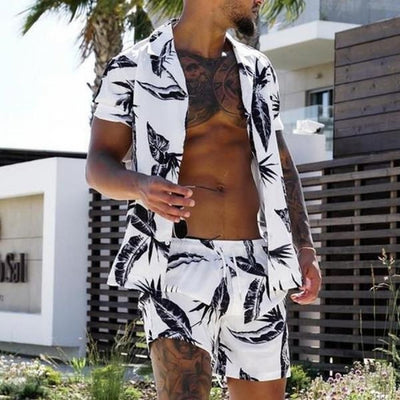 Summer Men&#39;s Printed Casual Short Sleeve Beach Shirt Set
