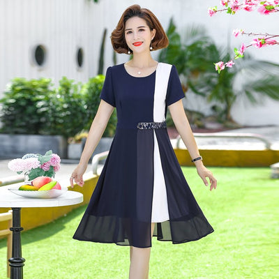 2022 Summer Elegant Patchwork Mid-Length Korean Style V Neck Women Chiffon Cocktail Dresses Vestidos Women Clothing