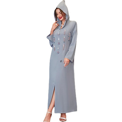 Indie Folk Hooded Muslim Women Diamonds Dress Moroccan Abaya Party Solid Gray Arabic Islamic Clothes Hight Quality New 2022