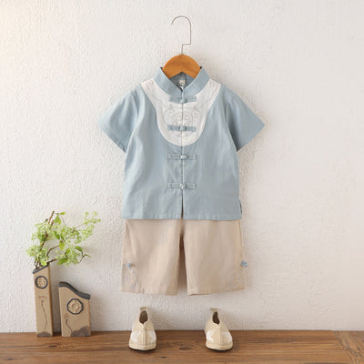 Summer Hanfu Boys Chinese Cotton Short Sleeve Suit Top Pants One Year Old Baby Tang Suit Ancient Children Ethnic Style Costume
