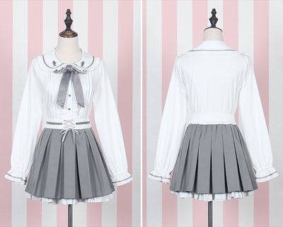 Girls Cute Lolita Hoodie Animal Style Raccoon Tail Zip Jacket Long Sleeve Coat Outwear White Shirt Gray Coat Gray Skirt Set