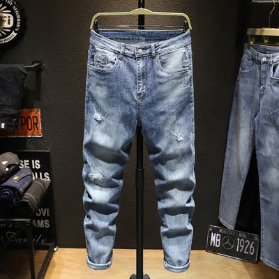 Fashion Casual Men's handsome personality straight Loose Water wash pants Korean trendy Whiten Retro hip hop denim trousers