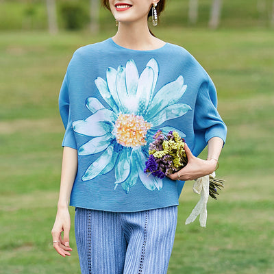 Fashion Loose Doll Sleeve Miyake T-Shirt Women&#39;s Summer Print Beaded Temperament Pleated Top