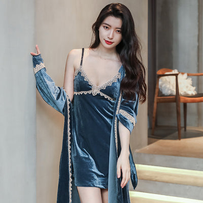 Autumn New Gray Sleepwear Sexy Women Velvet Kimono Robe Set Homewear Bathrobe Gown Intimate Lingerie Velour Casual Nightwear