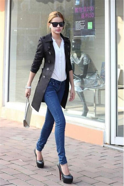 New Fashion Hot Sale Women Slim Charm Double Breasted Female Long Trench Turn Down Collar Solid Pattern Trench