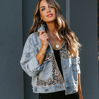 2021 Spring Autumn New Long-sleeved Jacket Denim Leopard Print Stitching Lapel Short Jacket Women Chaqueta Mujer Veste Femme