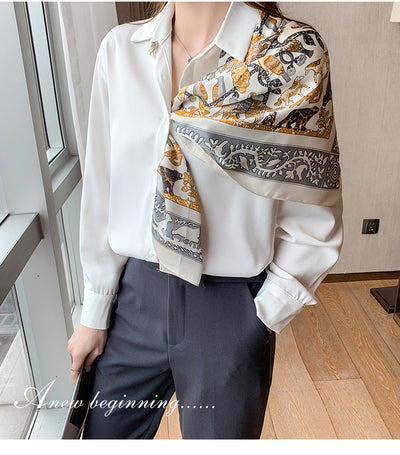 Chic satin women shirt autumn elegant long sleeve lapel collar solid white office ladies work wear blouse with Square scarf 2021