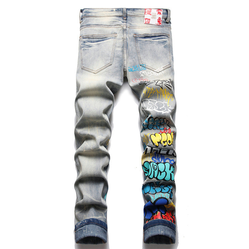 Men Doodle Print Stretch Denim Jeans Streetwear Holes Ripped Distressed Pants Vintage Blue Buttons  Punk Trousers