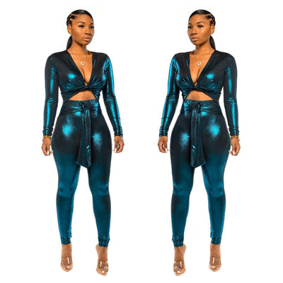 AHVIT Hollow Out Sashes Sexy PU Women Jumpsuits Long Sleeve Deep V Neck Skinny Nightclub Romper YD-Y8135