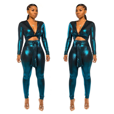 AHVIT Hollow Out Sashes Sexy PU Women Jumpsuits Long Sleeve Deep V Neck Skinny Nightclub Romper YD-Y8135