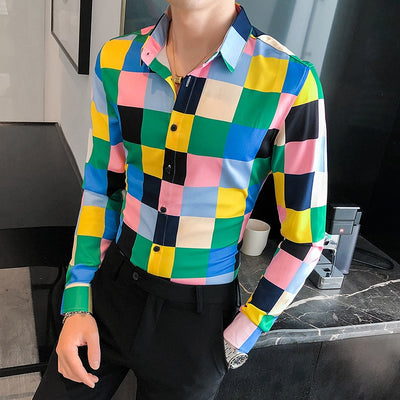 2021 Autumn Colorful Plaid Shirts for Men Long Sleeve Casual Slim Fit Formal Dress Shirts Social Party Streetwear Chemise Homme