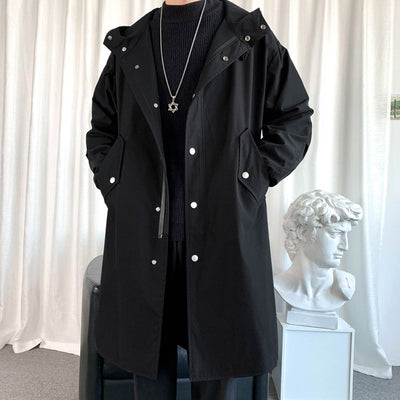 Men's Trench Jacket Gothic Long Trench Coat Loose Street Jacket Hooded Retro Black Coat High Street Casual Men's Clothing