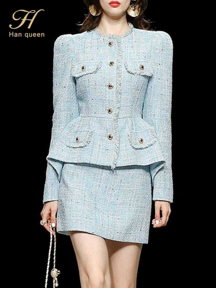 H Han Queen Hot Sales Women Autumn Winter Casual 2 Pieces Set Tweed Jacket + High Waist A-Line Skirt Korean Simple Skirt Suit
