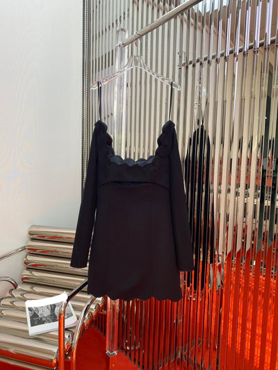 4.18 KlasonBell Hollow Out Wave-Cut Square Collar Long Sleeve Sexy Slim Short Black Dress Women