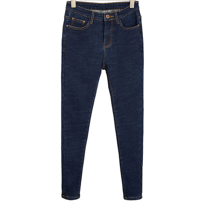 NEW Women Ladies High Waist Fleece Lined Jeans Winter Solid Color Keep Warm Casual Wild Slim Stretch Pants Trousers with Pockets