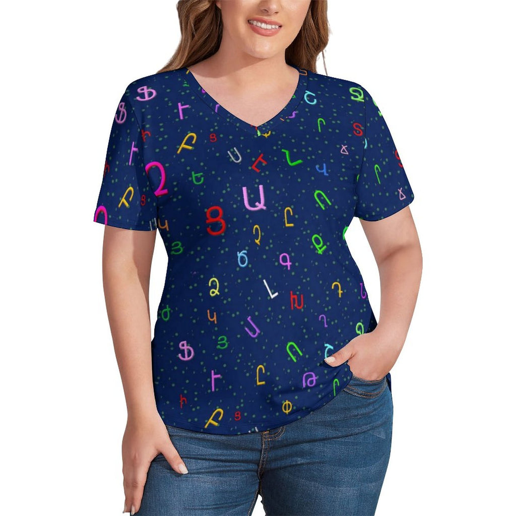 Funny Letter Print T Shirts Monster Alphabet Casual V Neck T-Shirt Short-Sleeve Hip Hop Plus Size Tees Pattern Tops Gift Idea
