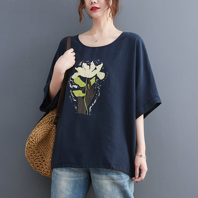 Fashion Loose Printed Floral Women T-shirts Summer New O-neck Short-sleeved Cotton Vintage New Female Pullover Casual Tops Tee