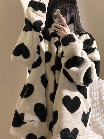 Reversible Wear Thicked Lamb Wool Coat Women Autumn Winter Korean Loose Heart Print Jackets Harajuku Simple New 2022