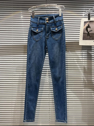 2022 Autumn New Fashion Metal Buckle Double Pocket Stretch Slim Pencil Jeans Women&#39;s High Waist Slimming Elegant Denim Pants