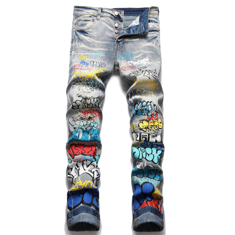 Men Doodle Print Stretch Denim Jeans Streetwear Holes Ripped Distressed Pants Vintage Blue Buttons  Punk Trousers