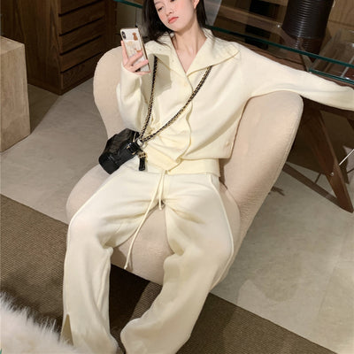 Women Winter Knitted Casual Two Piece Set Autumn Winter Lazy Wind Cardigan Sweater Coat Wide Leg Pants Two Piece Set Solid Suit