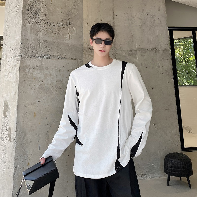 Tshirt Men Black White Splice Japan Streetwear Fashion Loose Long Sleeve Vintage T-shirt Male Net Celebrity Tee Shirts
