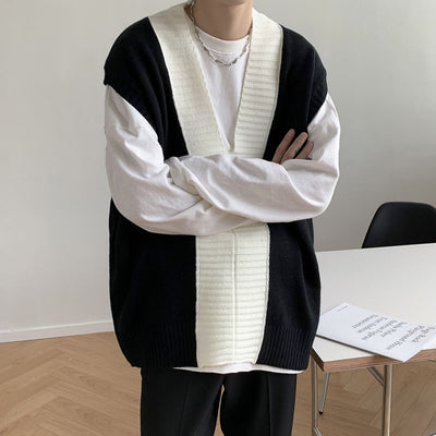 Autumn V-Neck Sweater Vest Men Fashion Casual Oversized Knit Pullover Men Korean Loose Sleeveless Sweater Mens Jumper Vest M-2XL