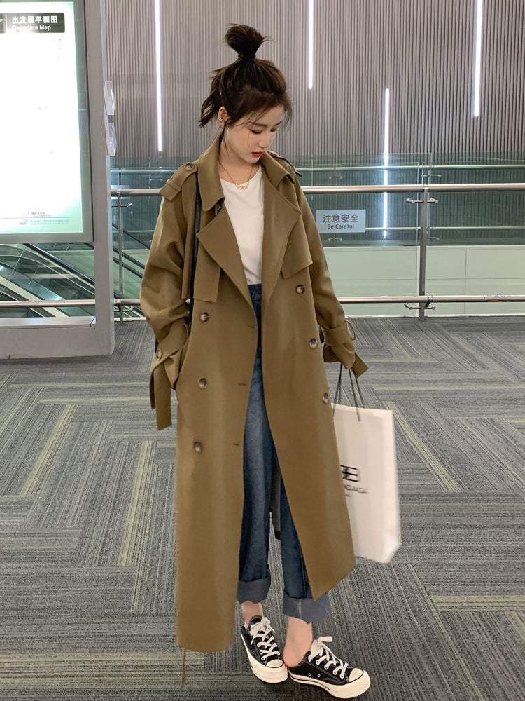 Brand New Oversize Long Trench Coat for Women Double-Breasted Black Khaki Outerwear Spring Autumn Lady Clothing Windbreaker