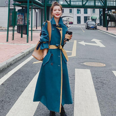 Blue Trench Women&#39;s Middle Long British Style 2021 Autumn Waist Over Knee Coat Double Breasted Lace Up Coat Women&#39;s Coat Fashion