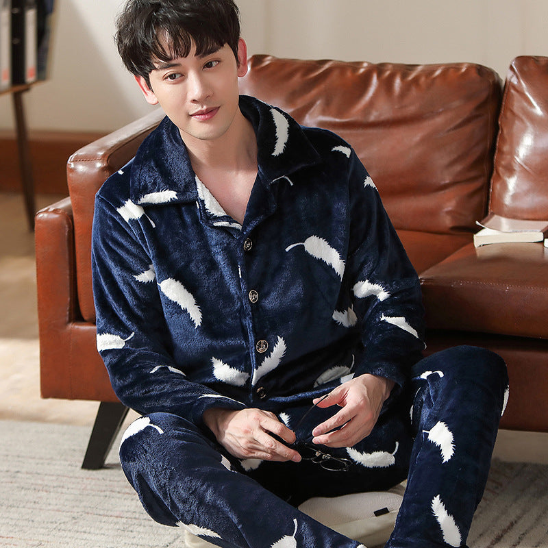 Winter new men&#39;s pajamas coral fleece thickened flannel home service