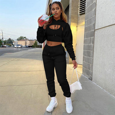 Women Sexy 3Pcs Set Tracksuit Lady Autumn Fleece Long Sleeve Pullover Crop Top Hooded+Tanks+Jogger Pants Solid Outfit Sport Suit