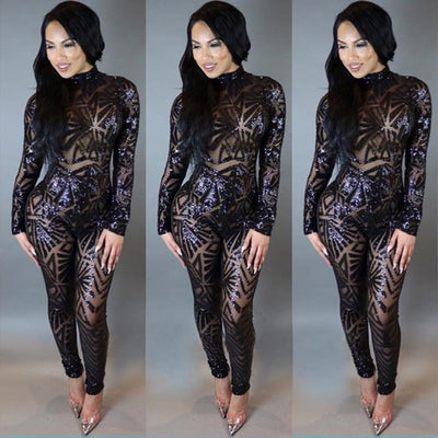 AHVIT Sexy Back Hollow Out Sequinted Women Jumpsuits Long Sleeve Round Collar Skinny Nightclub Romper YDN252