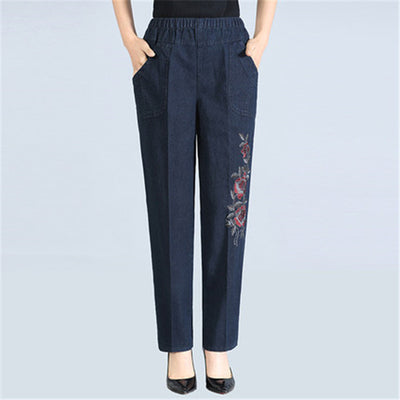 Casual Pant Women Spring Elastic High Waist Jeans Elasticity Straight Trousers Middle Aged Female Loose Denim Pants 83