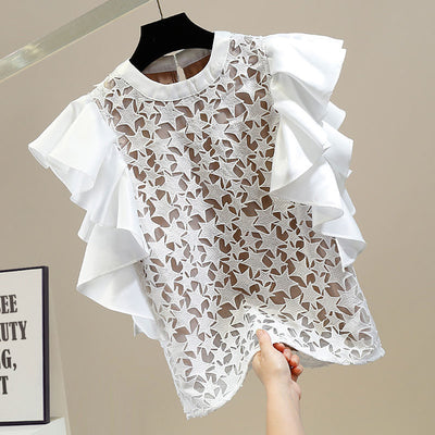 Nomikuma 2022 New Fashion Lace Hollow-out Patchwork Blouse Shirt Chic Ruffle Flying Sleeve O-neck Women Top Blusas Mujer De Moda