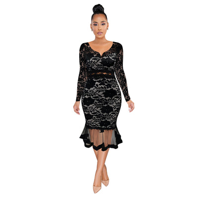 RMSFE 2021 Temperament Fashion Noble Cocktail Party Long Sleeves V Neck Waist Pure Lace Fishtail Skirt See-through Long Dress