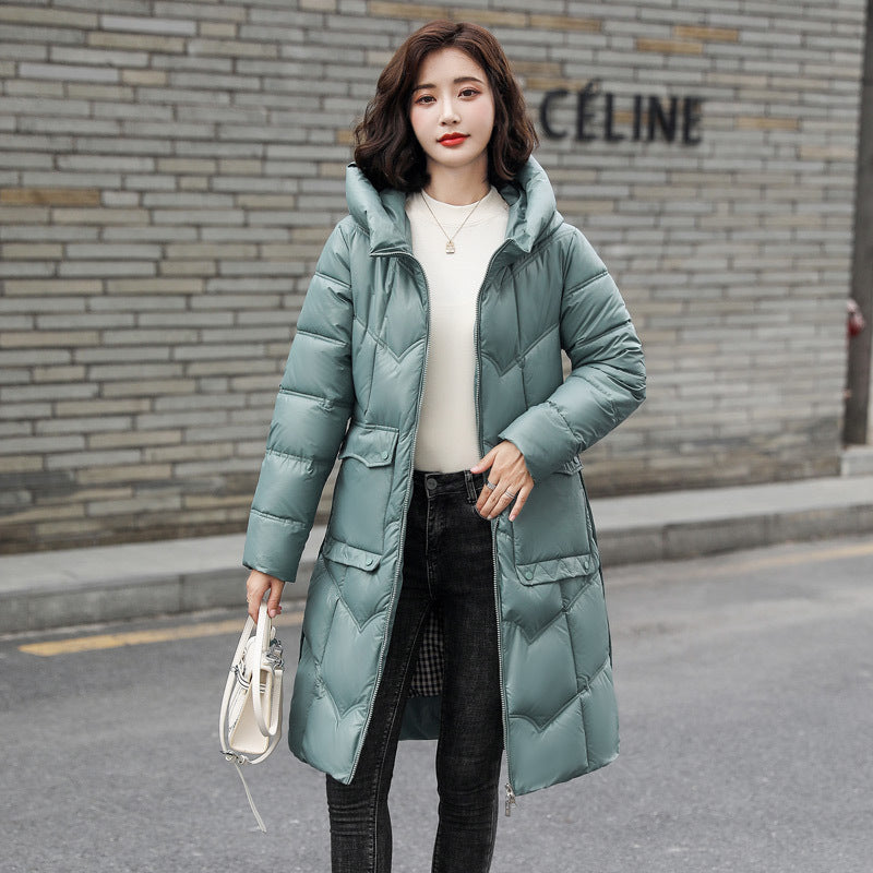 Parka women popular bright face down clothes women&#39;s middle and long 2021 winter new loose and thin over knee coat
