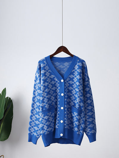 Women V-neck Checkered Print Knitted Cardigan Fashion Female Buttons Casual Long Sleeve Sweater Cardigan With Pocket 2022 Autumn