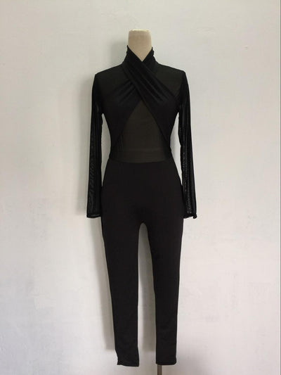 AHVIT Sexy Mesh See Through Women Jumpsuits Long Sleeve Skinny Solid Color Patchwork Nightclub Romper YDN259