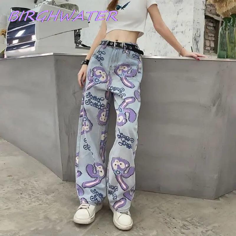 Women Jeans Fashion High Waist Loose Cartoon Printed Zipper Casual Female Long Trousers Large Size 2022 Autumn Straight Pants